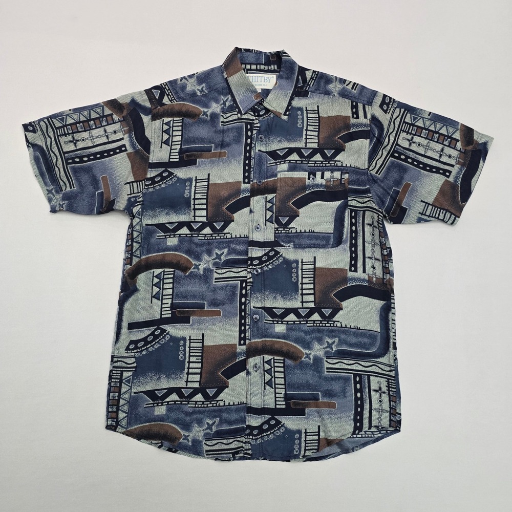 Whitby Mens Medium 100% Washed Silk Short Sleeve Abstract Geometric Button Shirt